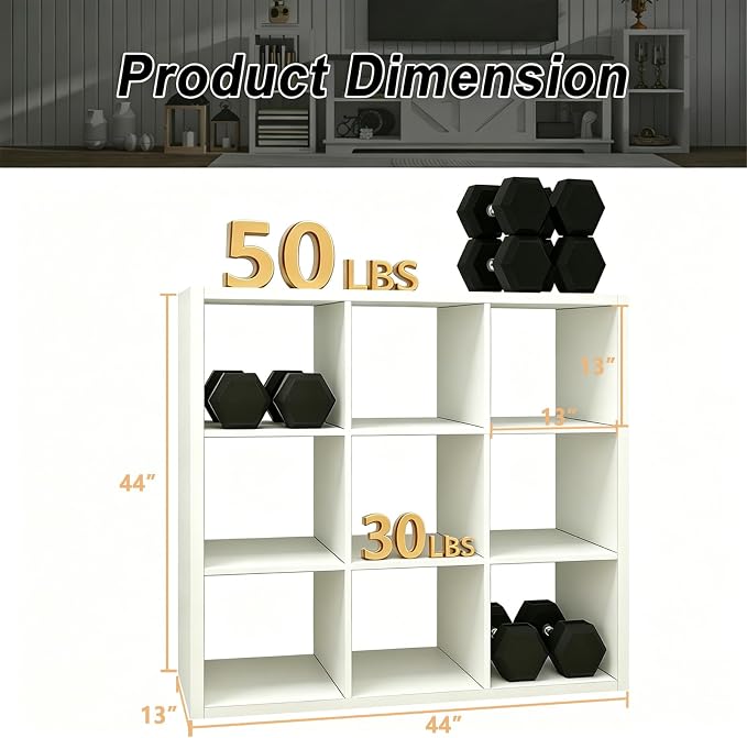 CTESNE【Wooden Thick Frame 9 Cube Storage Organizer Shelf with Anti-Tipping Kits + Reversible Open Back Bookcase, Horizontal and Vertical Dual-use Standing Bookshelf（White,13inch）