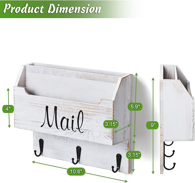 DRASTAR Mail Organizer Wall Mounted, Wooden Mail & Key Holder for Wall, Hanging Mail Organizer, Retro White Mail Basket for Home Office