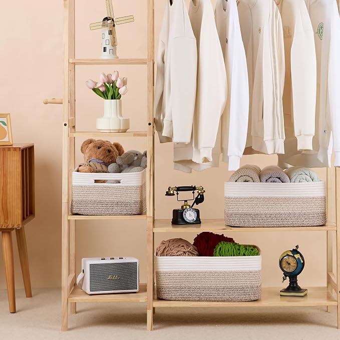MiniArk Large Storage Baskets for Organizing, 17 x 13 x 7.5” Closet Shelf Baskets for Clothes Blanket Towels, Baby Nursery, Toy Bins Box, Woven Rope Basket, 3 Packs Gradient Brown