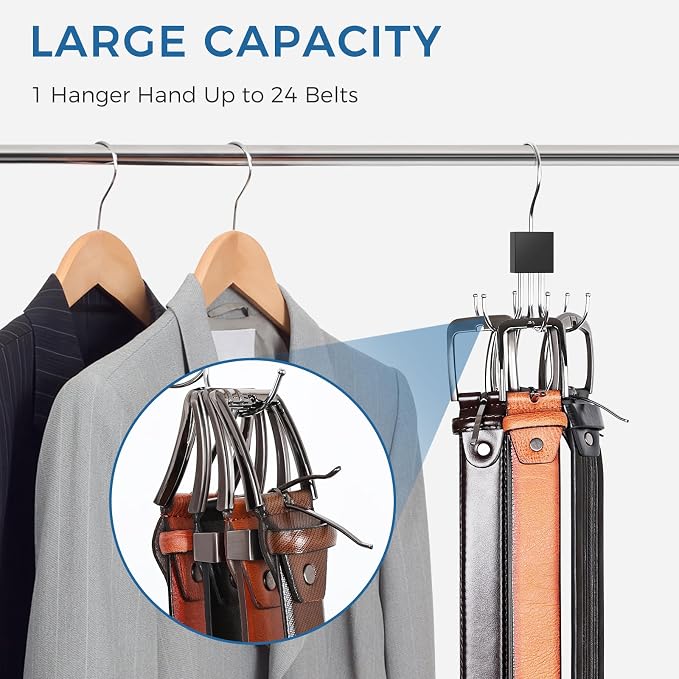 4 Pack Belt Hanger, Belt Organizer for Closet 360° Rotatable Max 24 Belt Storage Space Saving Closet Organizers and Storage Black