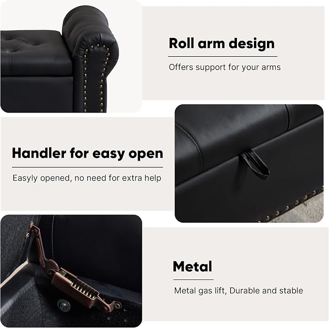 Storage Bench for Bedroom, 51" Upholstered End of Bed Bench, Faux Leather Queen Size Benches with Rolled Arms, Tufted Button Storage Long Ottoman, Living Room, Entryway, Obsidian Black