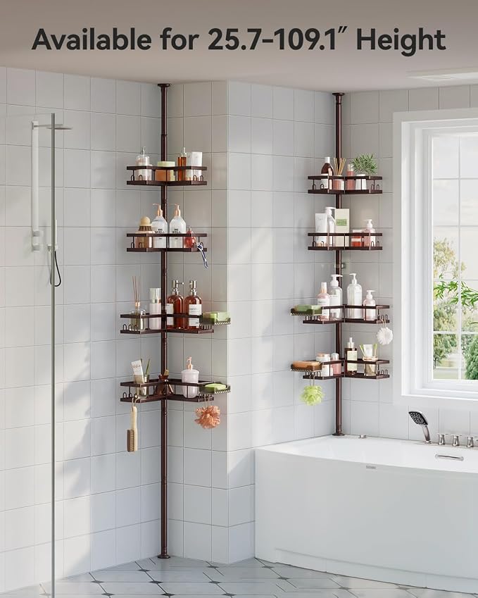 YASONIC Corner Shower Caddy Tension Pole, 25.7-109.1in Adjustable Shower Shelves, Rust-Resistant Shower Organizer, No-Drill 3-Step Installation, Bathroom Shelves for Renters & Family, Bronze