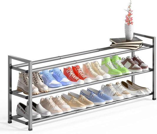 Bumusty 3 Tier Long Expandable Shoe Rack for Closet, Light Grey | 18"-44" Adjustable Shoe Rack for Entryway, Shoe Organizer for Dorm, Front Door, Sturdy Metal