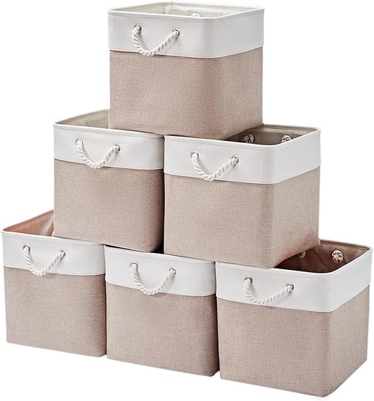 MidmmVick 12 x 12 Inch Cube Storage Bins, 6 Pack Large Collapsible Fabric Storage Bin with Ropes, Foldable Storage Cubes for Home, Office,Closet, Clothes, Toys Organizer (White & Beige)