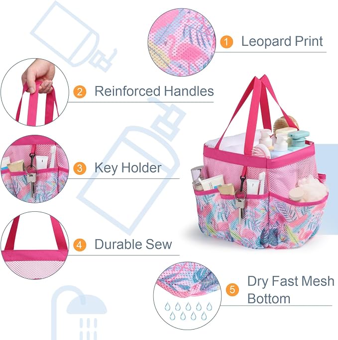 Mesh Shower Caddy Portable - 8 Pockets, S-Hook, Shower Bag for Dorm Camping | 2-Handle, Quick-Dry, Toiletry Organizer, College Dorm Room Essentials for Girls, Gym, Travel & Bathroom, Pink Flamingo