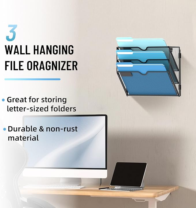 SUPEASY 3-Tier Hanging Wall File Organizer with Hooks, 2 Pack | Mesh Wall File Holder, Mail Organizer Wall Mounted for Papers, Documents, Folders and Magazines in Home Office, Classroom
