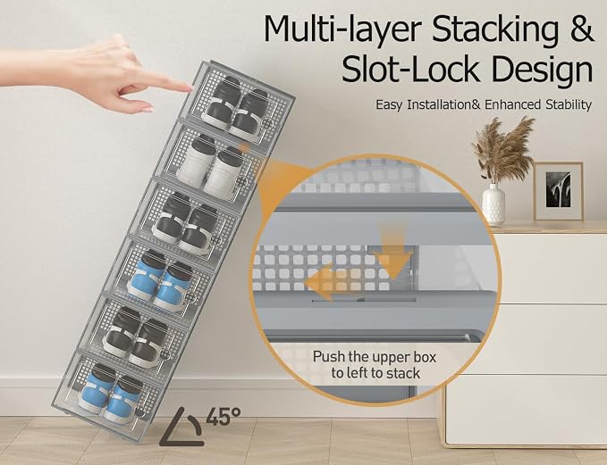 Kuject XX-Large Shoe Storage Boxes 12 Pack, Clear Stackable Shoe Organizer | Shoe Case for Closet, Entryway & Under-Bed Storage, Drop-Front Design, Space-Saving Solution for Family Organization,Grey