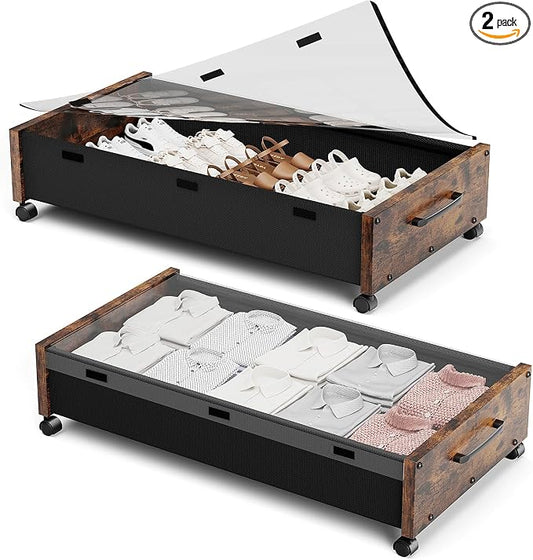 KITHELP Wooden Under Bed Storage with Wheels, Rolling Under the Bed Storage Bins with Removable Lid, Metal Under Bed Drawers for Clothes and Shoes in Bedroom or Living Room(Vintage Brown-2pack)