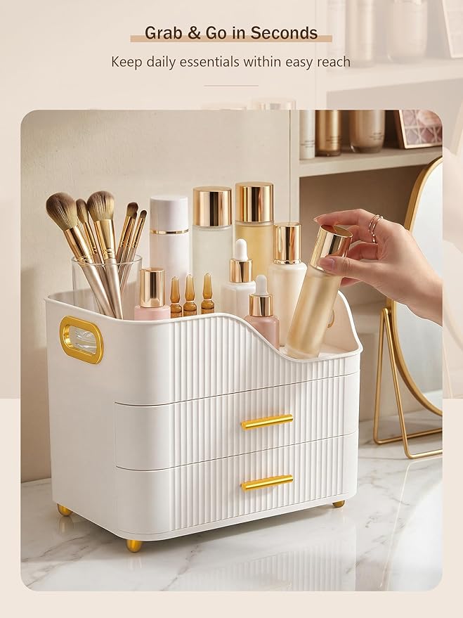Booklov Large Makeup Organizer for Vanity, Bathroom Countertop, White | Plastic Cosmetic Display Case with Drawers, Beauty Brush Holder for Dresser Counter Skincare Eyeshadow Lipstick Storage