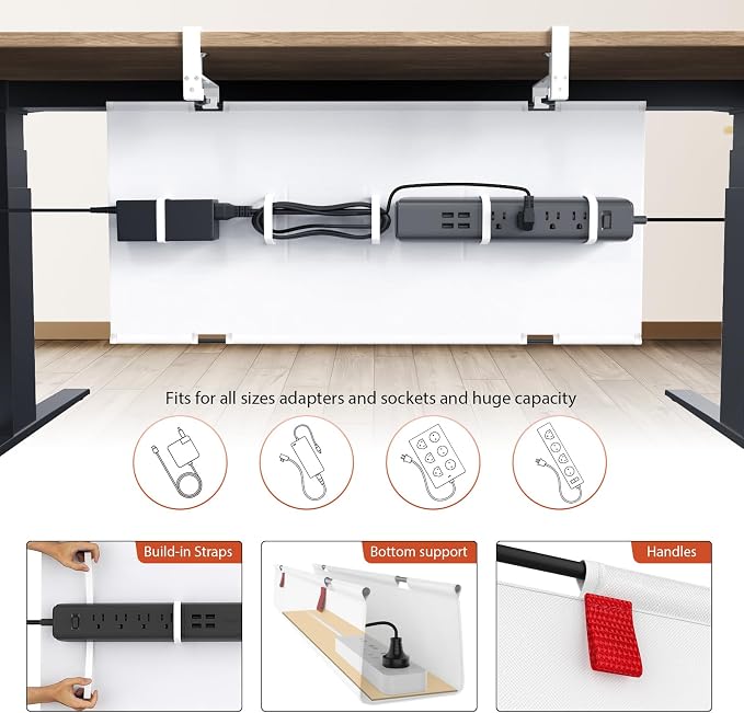 Univivi No Drill Under Desk Cable Management Tray, 28 inch Cable Management | Clamp/Screw Mount Cable Management Desk, Premium Fabric Cable Management Box, Various Sizes Wire Management for Office, Home