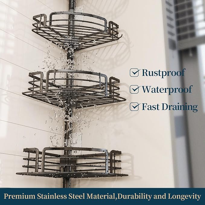 Consumest Corner Shower Caddy Tension Pole - Rustproof Shower Shelves with Towel Bar & Soap Holder, Adjustable Bath Organizer for Bathroom Storage, 27.6-108.3 inch, Black