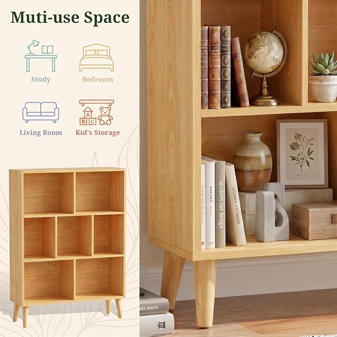 7 Cube Storage Organizer Shelf，Open Cube Bookshelf with Legs | 3 Tier, Mid-Century, Heavy Duty, Modern Bookcase, Display Shelf, Living Room, Bedroom, Office, Deep Natural