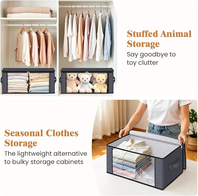 Fab totes 35L Closet Organizers and Storage, Foldable Under Bed Storage Containers, Storage bags for Organizing Bedroom, Closet, Clothing,Organization with Handle (8 Pack,Grey)