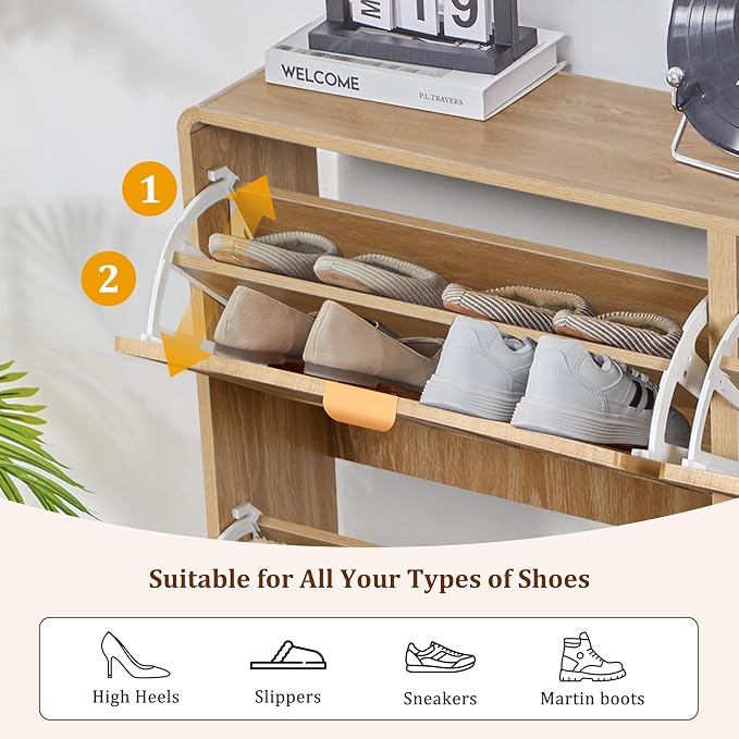 Shoe Storage Cabinet for Entryway with 4 Flip Drawers, Freestanding Narrow Wood Shoe Cabinet with Wave Panel, Hidden Shoe Organizer for Foyer, Hallway (Natural)