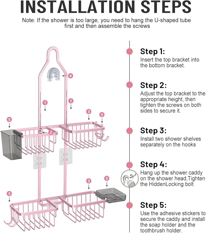 Adjustable Shower Caddy Hanging for Handheld Showerheads - Never Rust Shower Hanging Organizer, Upgraded Bathroom Shower Rack with Soap Basket, Hooks and Toothbrush Holder (Pink)