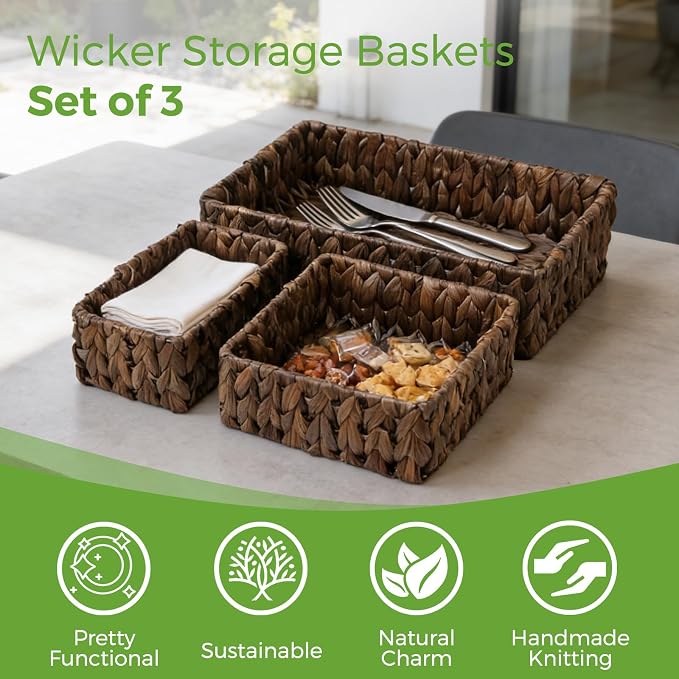 Wicker Storage Baskets Set of 3, Large and Small Pantry Baskets Set, Brown | Handwoven Water Hyacinth Baskets for Organizing, Decorative Natural Woven Baskets 3Pack for Toilet Shelves, Boho Decor