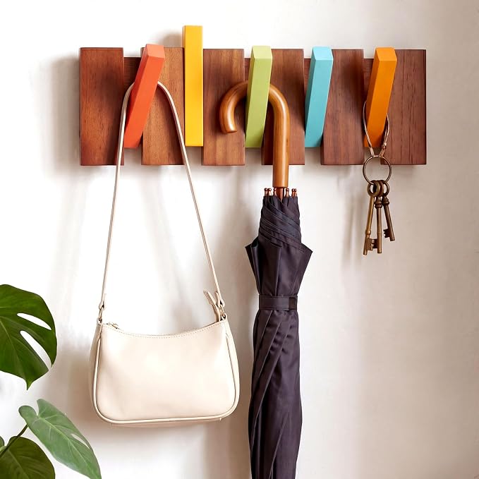 Youyole 5 Hook Wood Coat Rack Wall Mount Mid Century Modern Wooden Coat Hooks Colorful Heavy Duty Flip Down Piano Hat Rack for Hanging Coats Keys Hats Robe Towels Home
