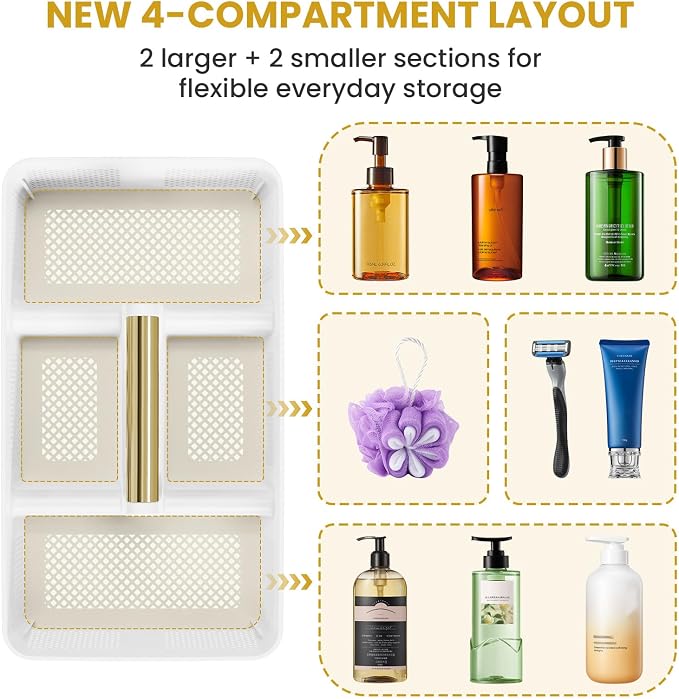 BYUNER Portable Cleaning Caddy & Shower Basket: Hard Plastic Caddy Organizer with Handle, 4 Divided Compartments, All-Side Drainage for Bathroom, Dorm & Utility, College Dorm Room Essentials