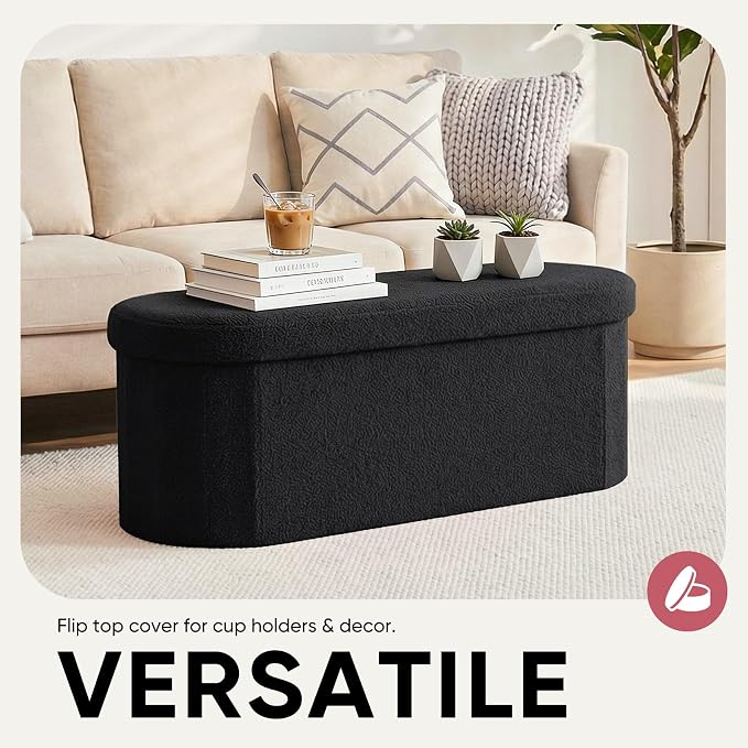 43 Inches Oval Ottoman with Storage, Boucle Sherpa Storage Ottoman Bench, Folding Foot Rest Chest for Bedroom Living Room