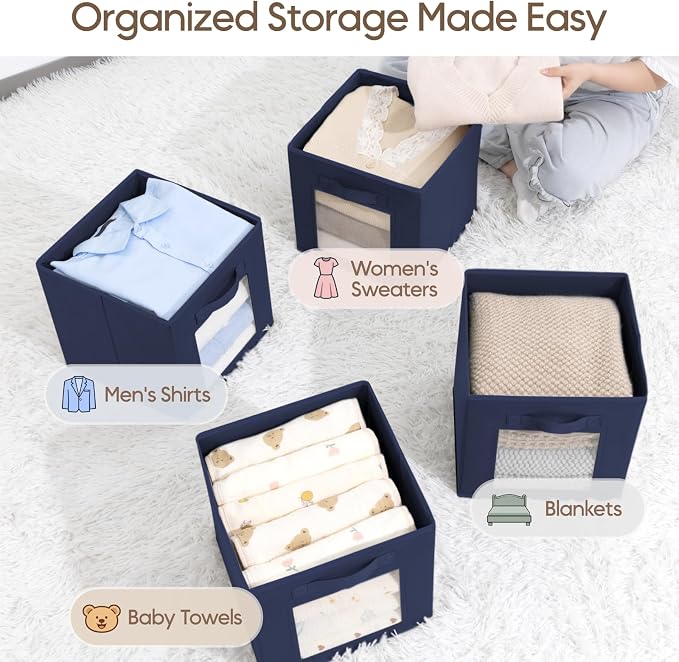 Storage Cube 11 Inch - Cube Storage Bins with Window, Closet Storage Baskets with Handle, Fabric Bins for Closet, Shelves, Toys, Clothes, Set of 10, Navy Blue