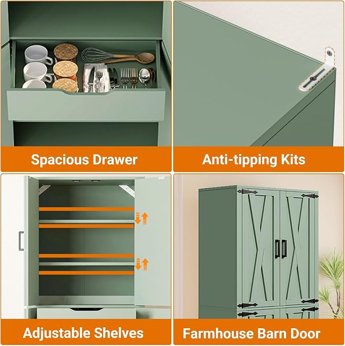 Unikito 71" Tall Kitchen Pantry Storage Cabinet with Farmhouse Barn Doors | Storage Drawer, 4 Adjustable Shelves, Freestanding Cupboard for Dining Room, Living Room, Utility Room, Green