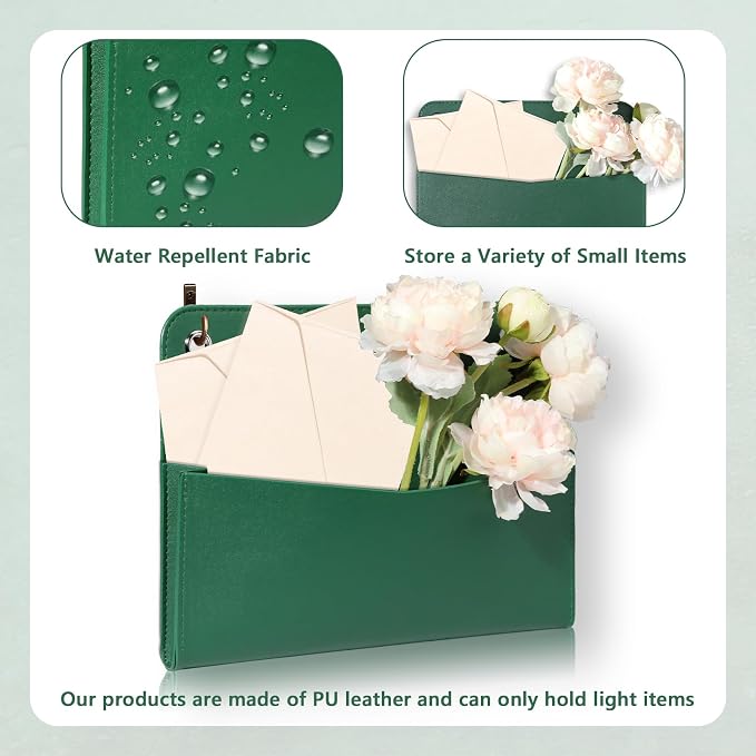 3 PCS Wall Mount PU Leather Mail Holder Green Faux Leather Letter Holder Stylish Wall Hanging Mail Storage 2 Ring Wall Mail Organizer for Flowers Envelope Key Notebooks Home Office Decor