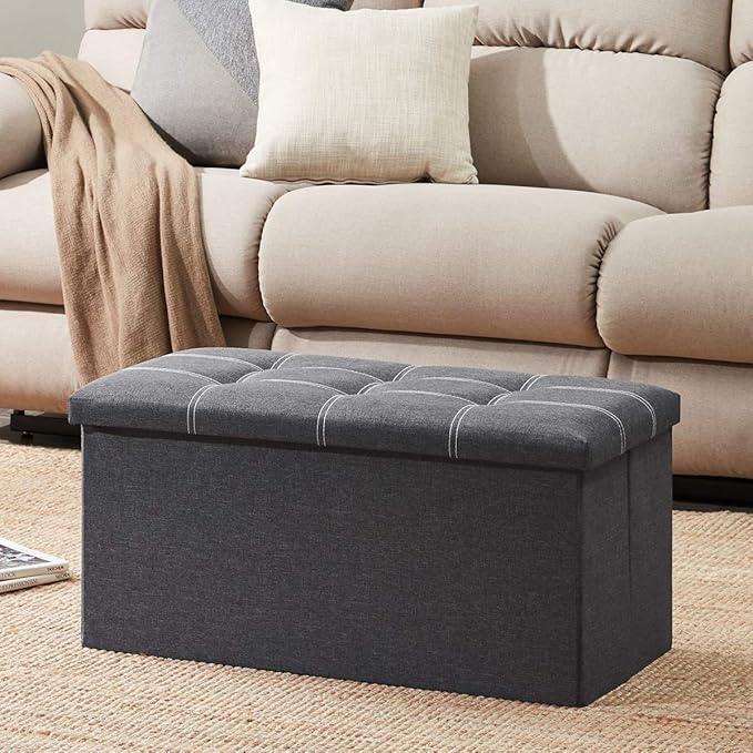 YOUDENOVA 30" Linen Ottoman with Storage, Folding Bench, Gray | Foldable linen ottoman with hidden storage, padded seat and sturdy frame for living room or bedroom.