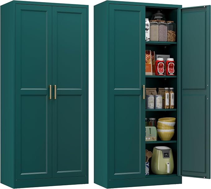 Polup Kitchen Pantry Cabinet, 71 Inch Tall Metal Pantry Cabinet with Doors and Adjustable Shelves, Freestanding Food Cupboard, Storage Cabinets for Dining, Living Room, Green-Teal, Assemble Required