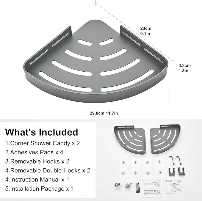 DUFU Adhesive Corner Shower Caddy with Hooks, Grey, 2 Pack | Bathroom Shower Organizer, No Drilling Rust Proof Aluminum Shower Shelf for Inside Shower