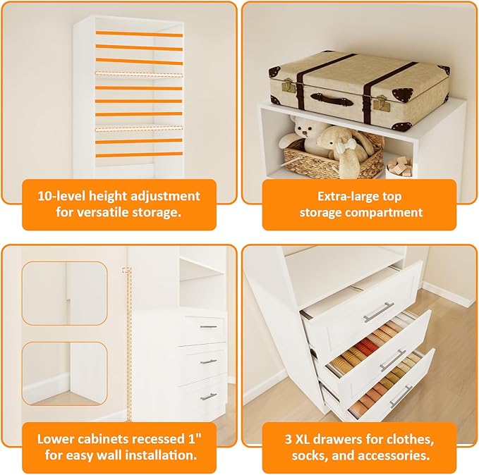 Closet System with 12 Drawers & 16 Shelves, Wood Closet Organizer System with 4 Extra Hanging Rod for Walk in Closet, Modular Closet Organizer System White(8FT)