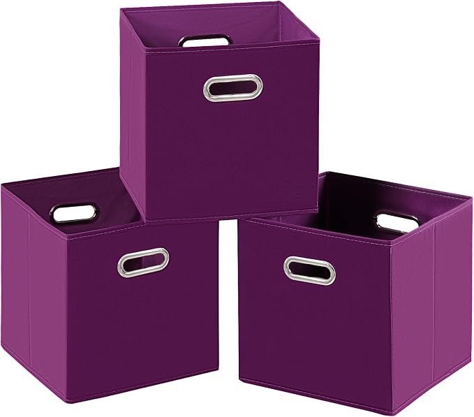 Fabric Cloth Storage Bins,Fabric Cube Bins Organizer with Dual Handles Foldable Cube Storage Baskets for Home Bedroom Storage,Set of 3,(Purple)