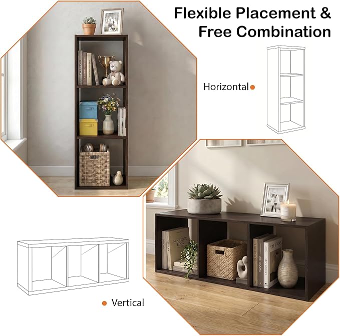 WannabeMyself【Sturdy Build&Easy Assembly】3 Cube Storage Organizer with Anti-Tipping Kits,Reversible Open Back Book Shelf, Bookcase for Living Room,Bedroom,Entrance Hall,Office,12.2×11.4×35.9,Chocolate