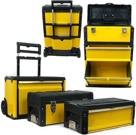 Portable Tool Box on Wheels - Stackable 3-in-1 Chest for Workshops and Craft Rooms - Foldable Comfort Handle and Latches by Stalwart (Black/Yellow)