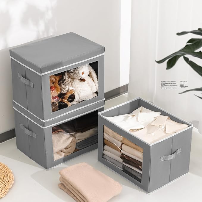 Homsorout Storage Bins with Lids, 4 Pack Large Storage Cubes with Window, Closet Bins with Lids & Handles, Fabric Box for Organizing Clothes, Towels, Books, Grey