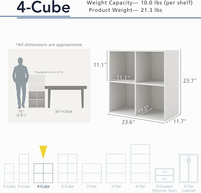 Homes: Inside + Out Apexa 4-Cube Storage Organizer Shelves, Stackable Wood Bookcase Fits Cubby Bins for Organization, Dorm Teen Room Decor & Home Office, White