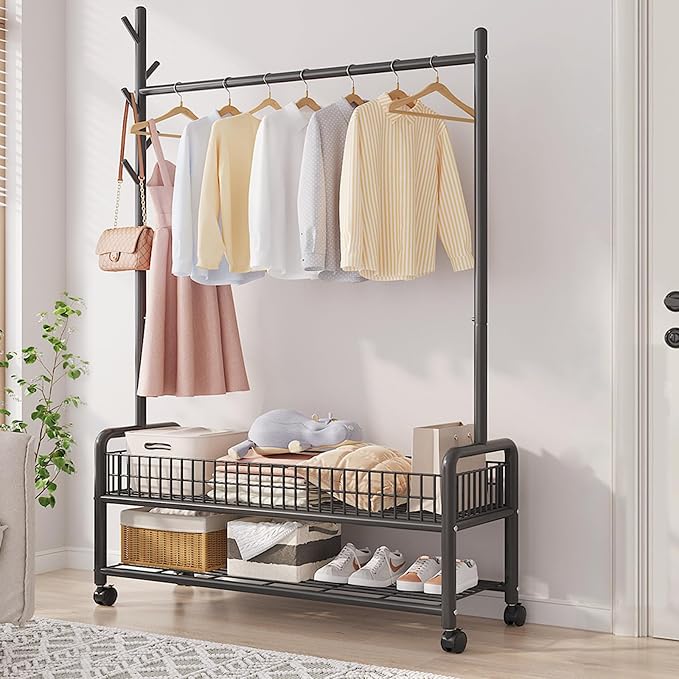 MYUPDALIN Clothes Rack with Shelves, Clothing Rack with Wheels, Multifunctional Hangers with Storage Baskets and Shoe Racks, Ideal for Bedrooms and Living Rooms (Black, Bold 90cm/35in)