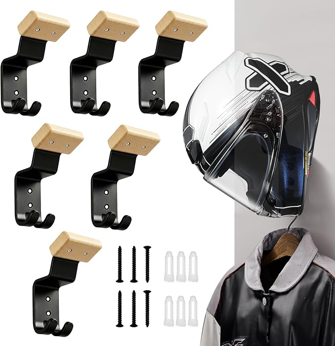 Motorcycle Helmet Holder Wall Mount - Heavy Duty Helmet Hanger Rack with 2 Key Hooks, Solid Wood & Strong Steel Design for Bike, Football, Skiing Sports Gear, Jackets & Hats (Yellow*6)