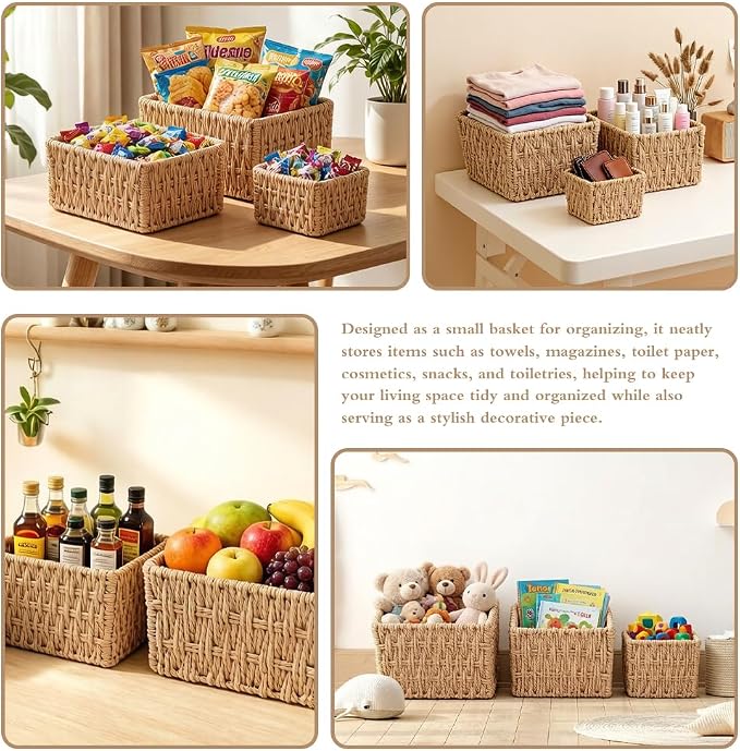 Small Wicker Basket 3-Piece Set: Handwoven Natural Paper Rope Storage Baskets for Organization, Storage, and Home Decor (With a ribbon)