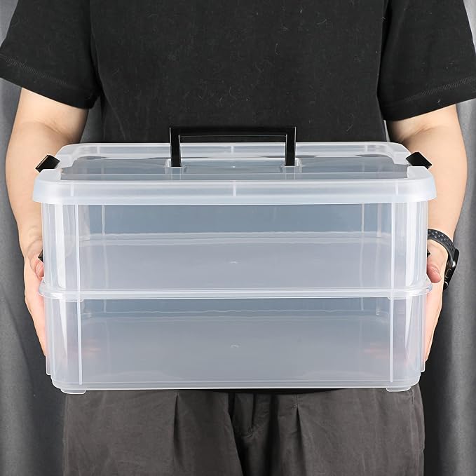 JUXYES 2-Tiers Plastic Stack Carry Storage Containers Box wih Handle Lids | Clear Stackable Latching Craft Storage Bin for School Office, Organizing Stationery, Sewing, Art Craft, DIY Supplies, Black