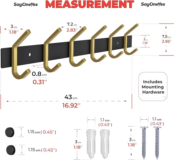 Coat Rack Wall Mount – Black and Gold Hook Rail with 6 Double Coat Hooks, 17 Inch Stainless Steel Wall Hooks for Entryway, Bathroom, Bedroom, Closet, Towel, Hat, Bag, Heavy Duty Organizer - 2 Pack