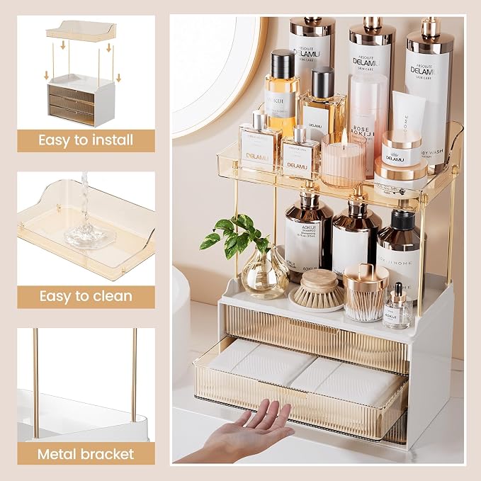 Delamu 5-Tier Makeup Organizer, Bathroom Counter Storage, 2 Drawers, Amber | Elegant Vanity Organizer Gift for Women, Holds Perfume, Skincare, Nail Polish & Hair Accessories for Bathroom Countertop
