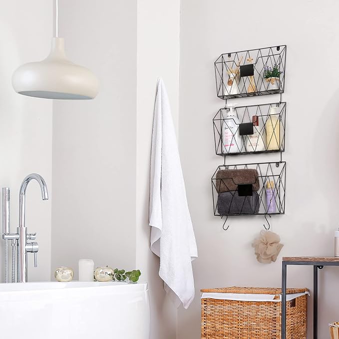 Wall File Organizer, 3 Pack Metal Wall Basket File Holder for Home Office | Vertical Hanging File Organizer, Mail Organizer Wall Mounted Magazine with Label Slot & Hooks, Sorts papers, Mails & Supplies