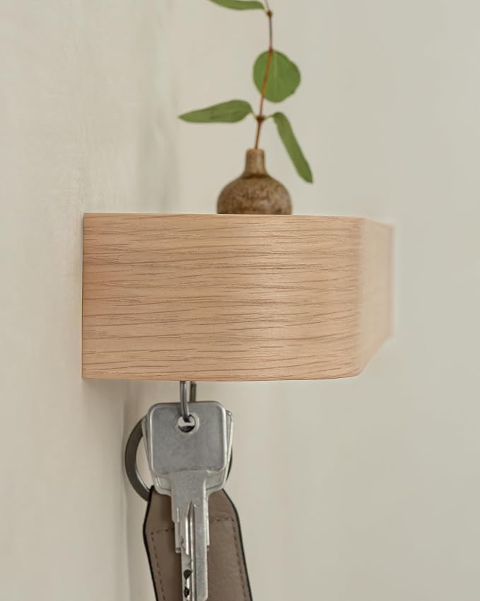 Kazai. Key Holder 'Toke' | Minimalist Key Hook Design from Berlin | Modern Key Holder Wall Mount with Wooden Shelf | Key Rack for Wall as Entryway Organizer | Oak, White