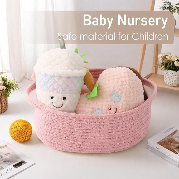 JMvicyroam Small Woven Basket, Empty Gift Basket, Pink/2 Pack | Small Gift Basket, Cotton Rope, 12 x 8 x 43 in, Handles, Includes Ribbon and Bag, Birthday Gift Basket