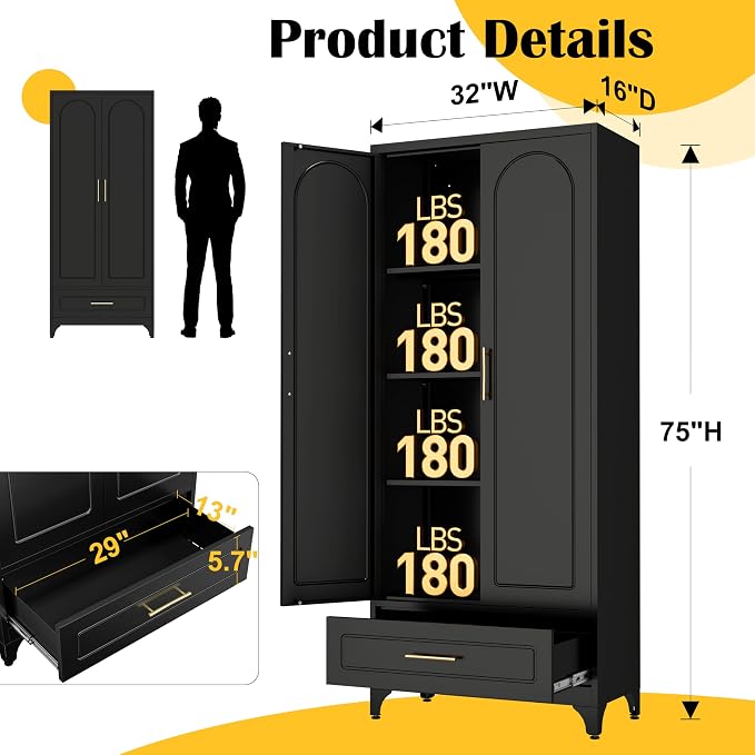 SteeLoong 75” Kitchen Pantry Cabinet, Metal Storage Cabinet with Drawer | Black Pantry Cabinets for Kitchen Storage with 3 Adjustable Shelves,Tall Freestanding Cupboard for Living Room,Kitchen,Garage