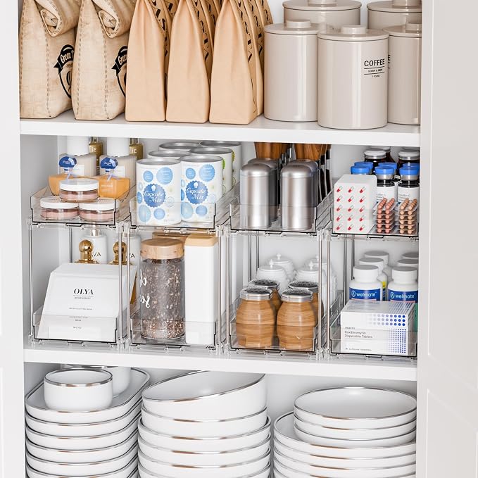 4 Set Bathroom Organizers and Storage,2 Tier Clear Under Sink Organizer and Medicine Cabinet Organizer for Kitchen,Pantry Storage,Pull Out Drawers for Skincare,Pill Bottle,Spice Organization