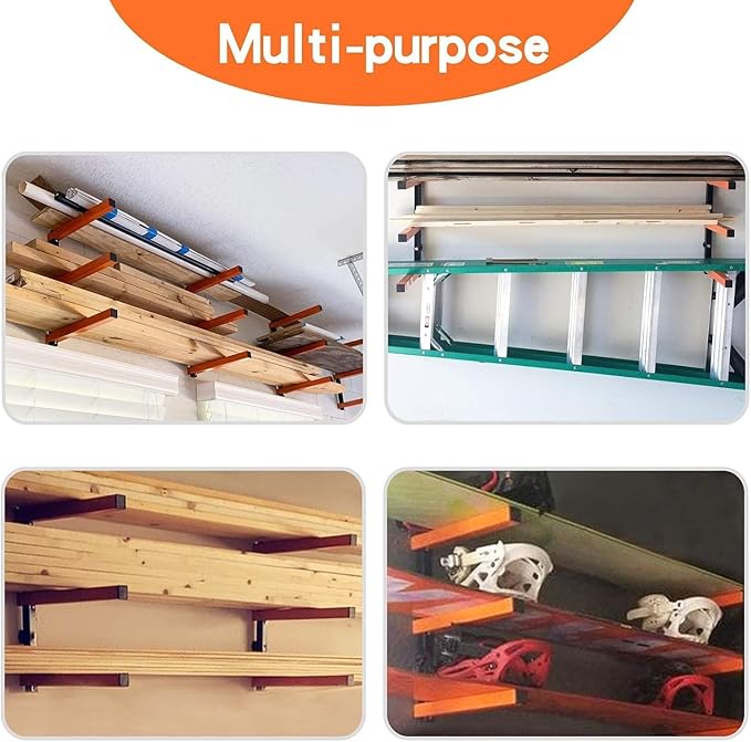Wall Mount Wood Organizer and Lumber Storage Metal Rack for Shed, Workshop, Garage with 3-Level (Black-4 Pack)