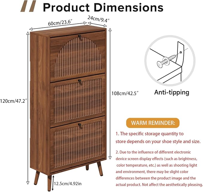 Fsbecl Shoe Storage Cabinet for Entryway with 3 Fluted Flip Drawers, Walnut | 23.6'' Narrow Freestanding Shoe Rack with Adjustment Shelves, Wooden Hidden Organizer for Hallway Foyer, 12-18 Pairs