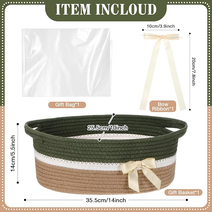 Colingmill 1 Set Woven Empty Basket for Gift,Green Khaki | with Cellophane Wrap Set, 14 x 10 x 5.5 Inch, Medium Decorative Gift Basket, Cotton Rope Storage Box, Home Decor