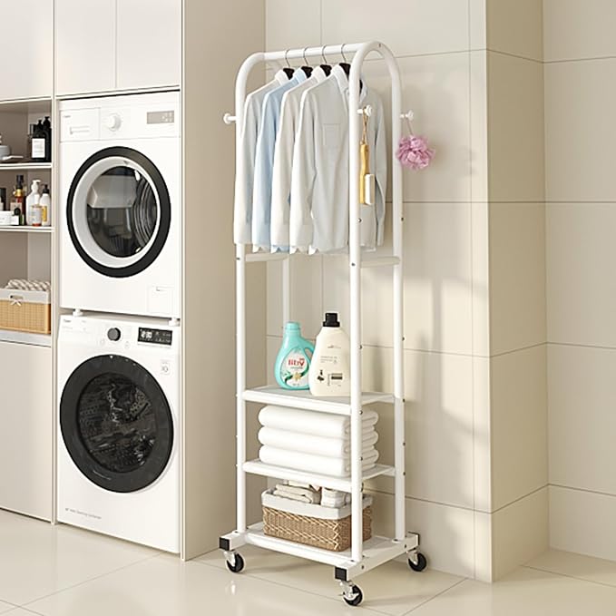 Dttwacoyh Clothing Rack with Wheels,Narrow Metal Garment Rack,White | Easy to install, 71.8 Inches Display Rack with 4 Side Hooks & 3 Shelves,for Small Flats, Bedroom, Entryway,White Clothes Rack